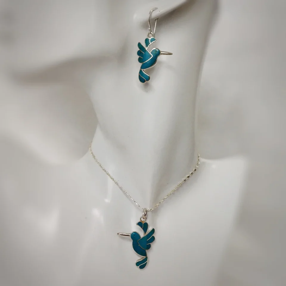 Hummingbird Chrysocolla Set of Earrings and Pendant